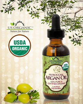 Close-up of US Organic Moroccan Argan Oil bottle and dropper