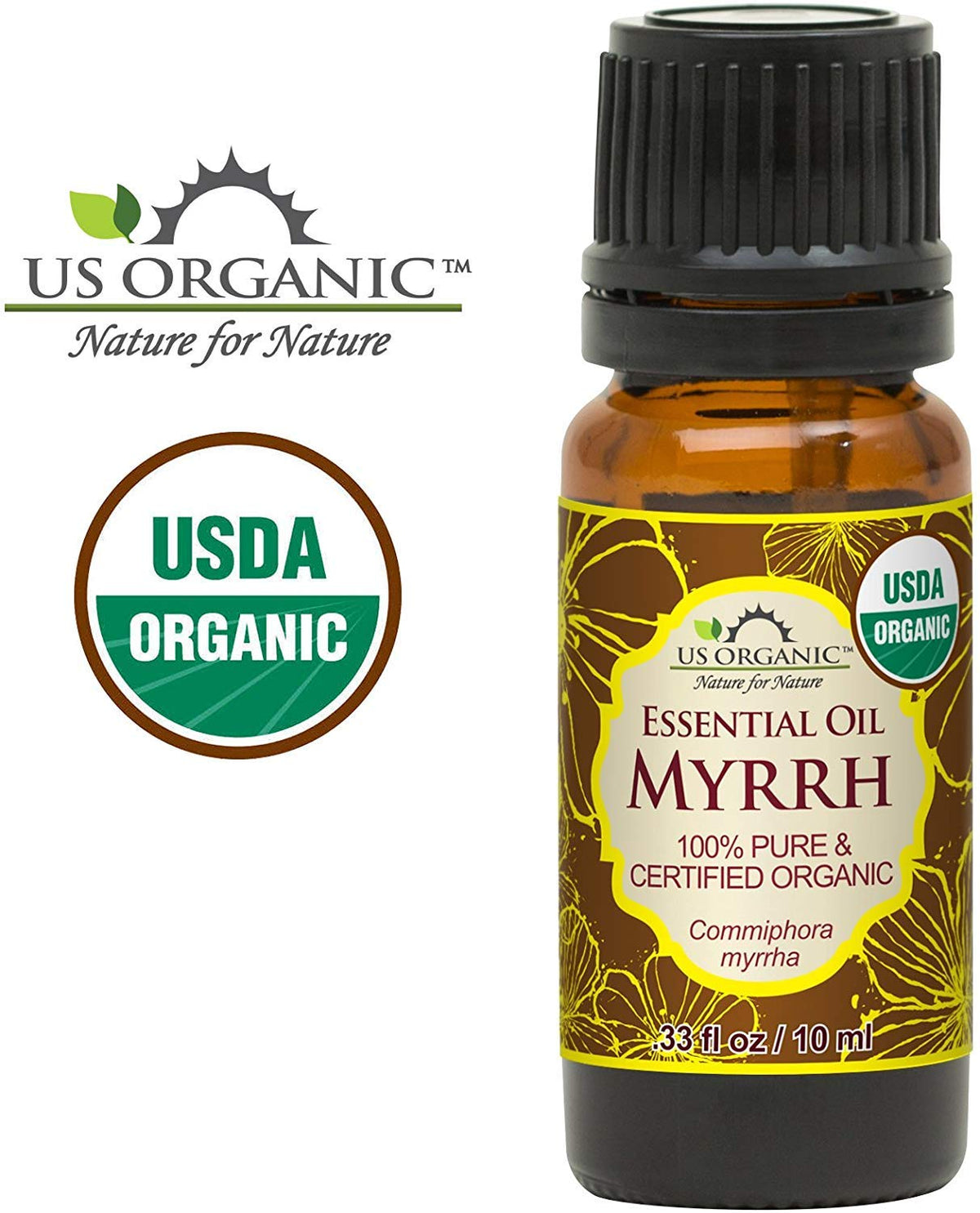 Close-up of US Organic Myrrh Essential Oil bottle