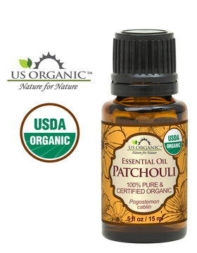 Close-up of US Organic Patchouli Essential Oil label