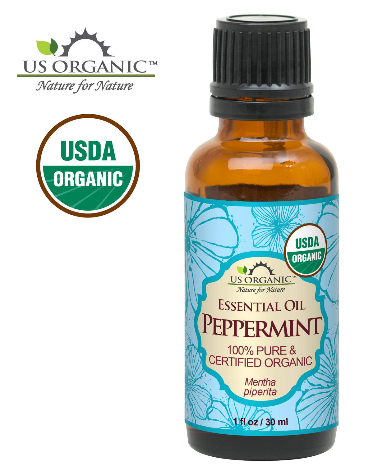 Close-up of US Organic Peppermint Essential Oil bottle