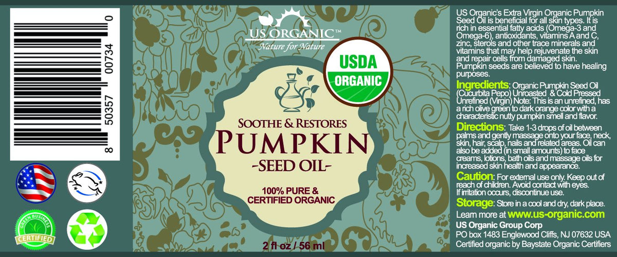 Close-up of US Organic Pumpkin Seed Oil texture in amber bottle