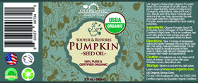 Close-up of US Organic Pumpkin Seed Oil texture in amber bottle