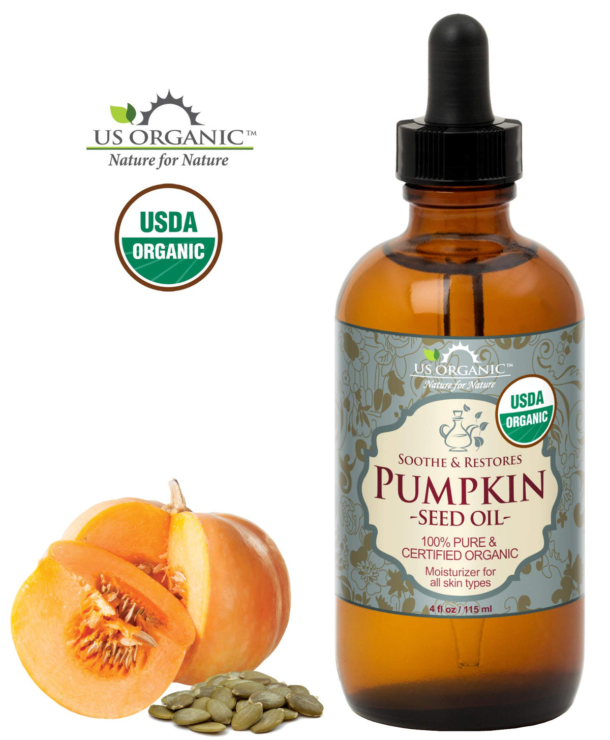 Close-up of US Organic Pumpkin Seed Oil texture in amber bottle