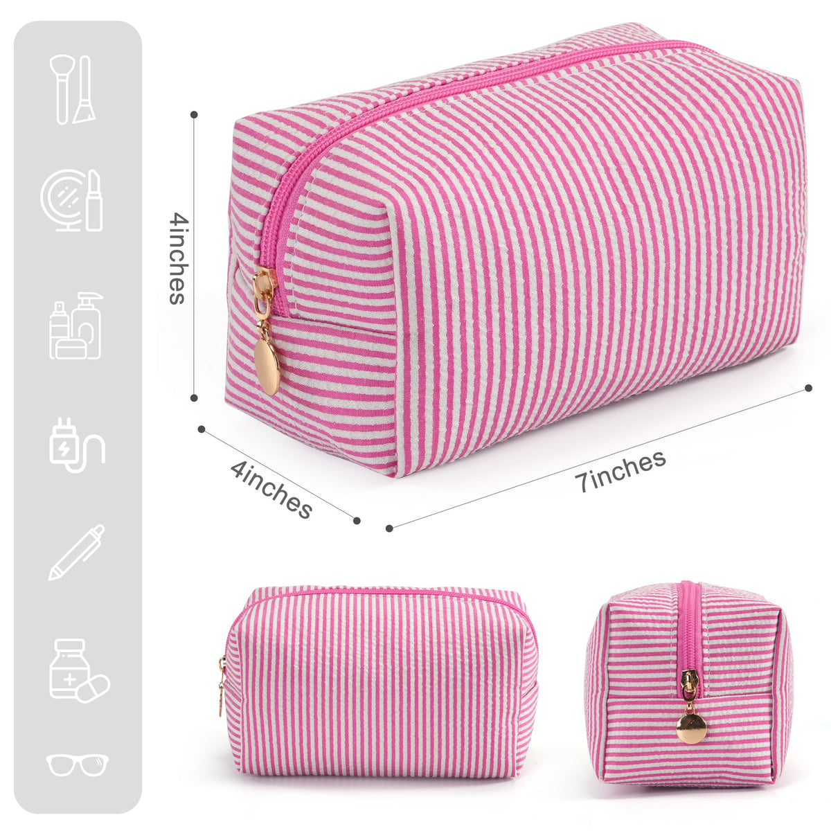 Close-up of UUYUUY striped cosmetic pouch with zipper