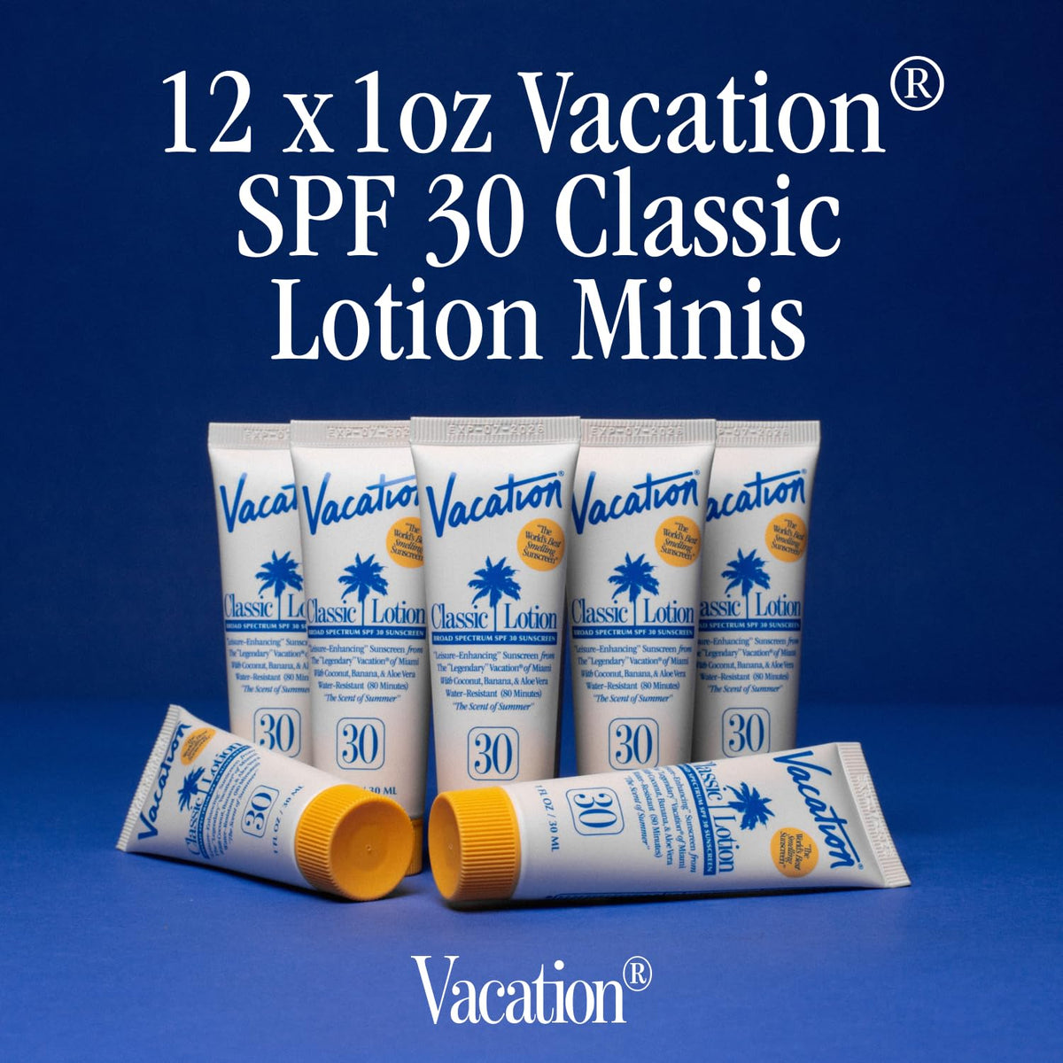 Close-up of VACATION Mini Classic SPF 30 Sunscreen Lotion bottle