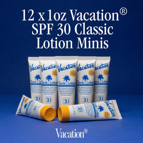 Close-up of VACATION Mini Classic SPF 30 Sunscreen Lotion bottle