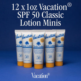 Close-up of VACATION Mini Classic SPF 50 Sunscreen Lotion bottle