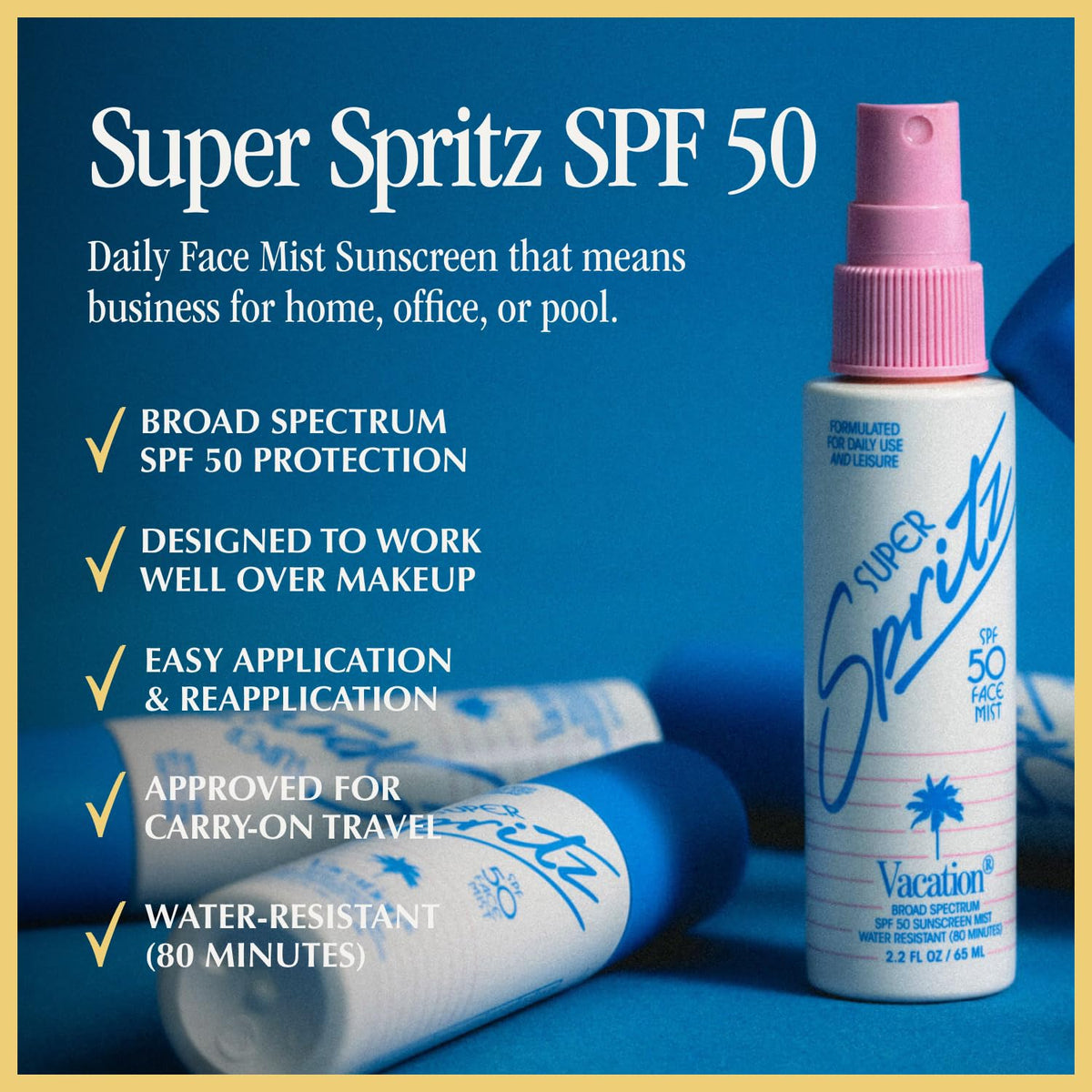 Close-up of VACATION Super Spritz SPF 50 Face Sunscreen Spray nozzle