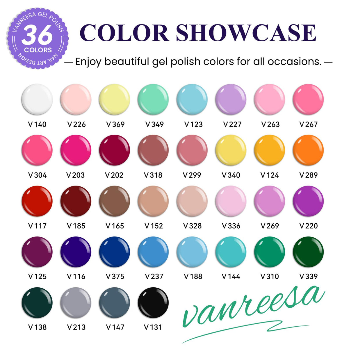 Close-up of VANREESA gel nail polish bottles in various shades