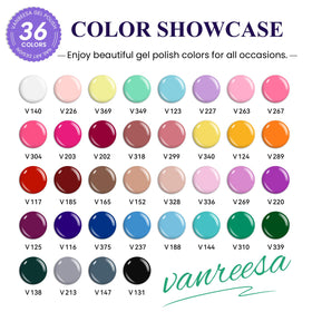 Close-up of VANREESA gel nail polish bottles in various shades