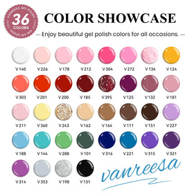 Close-up of VANREESA gel nail polish bottles in various shades