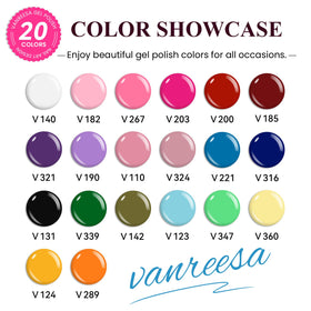 Close-up of VANREESA gel polish bottles in various colours
