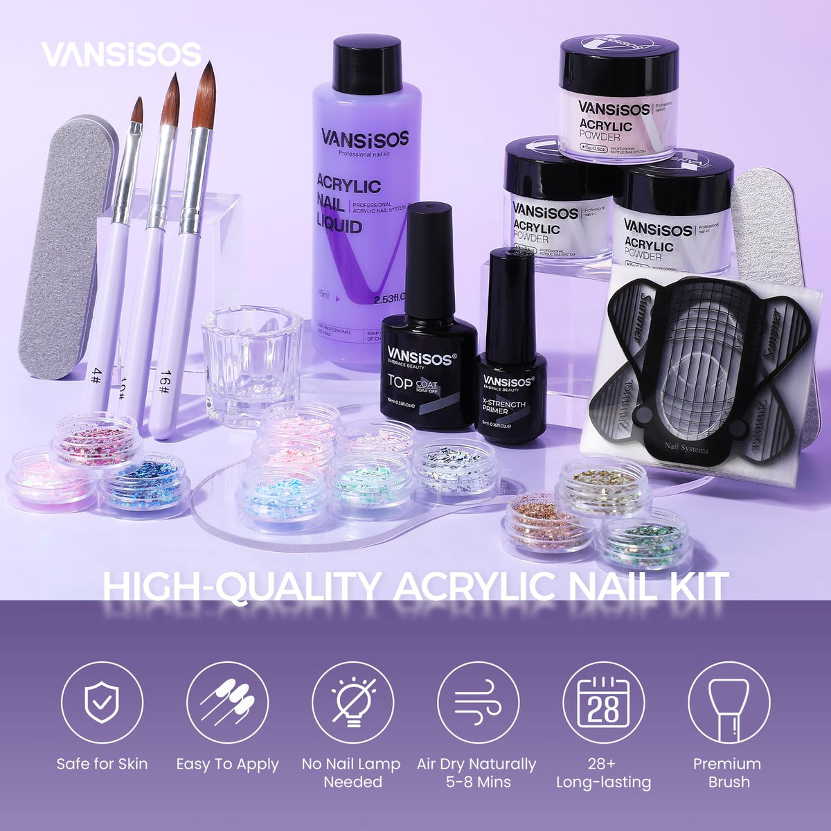 Close-up of VANSISOS acrylic powders in clear, white, and pink