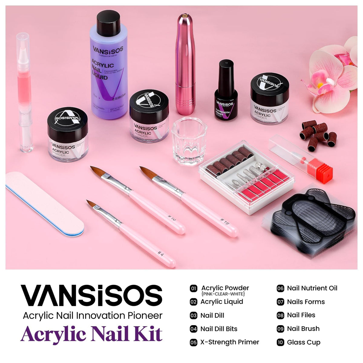 Close-up of VANSISOS acrylic powders in three colours