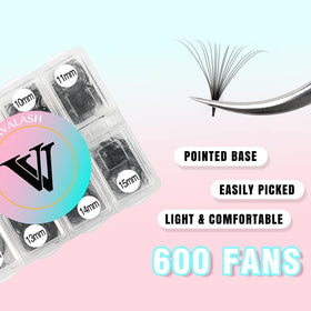 Close-up of VAVALASH premade fans showing thin base