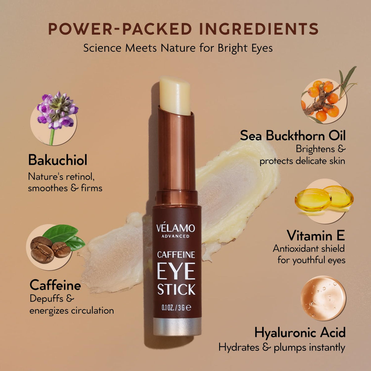 Close-up of VELAMO ADVANCED Caffeine Eye Stick showing texture