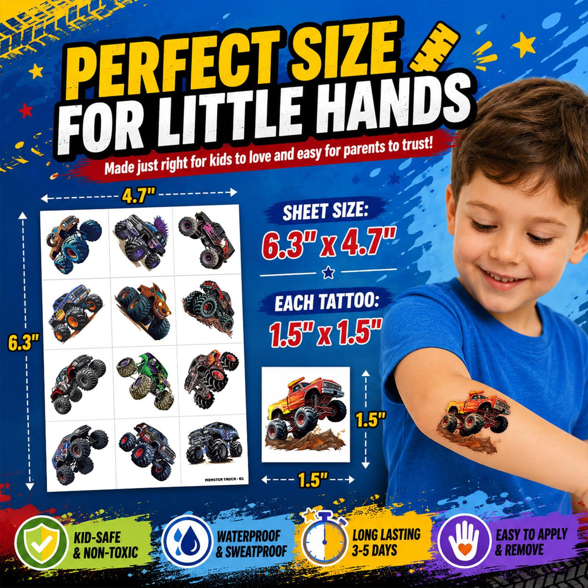 Close-up of vibrant monster truck temporary tattoos
