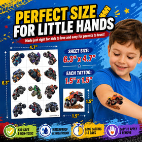 Close-up of vibrant monster truck temporary tattoos
