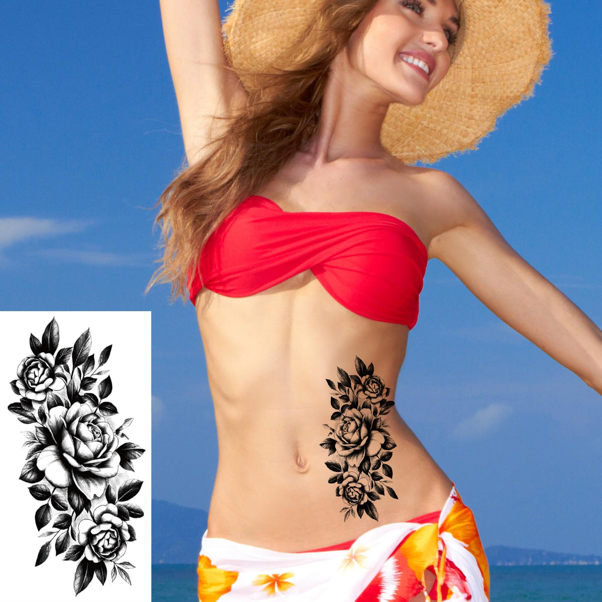 Close-up of vintage 3D black flower temporary tattoo