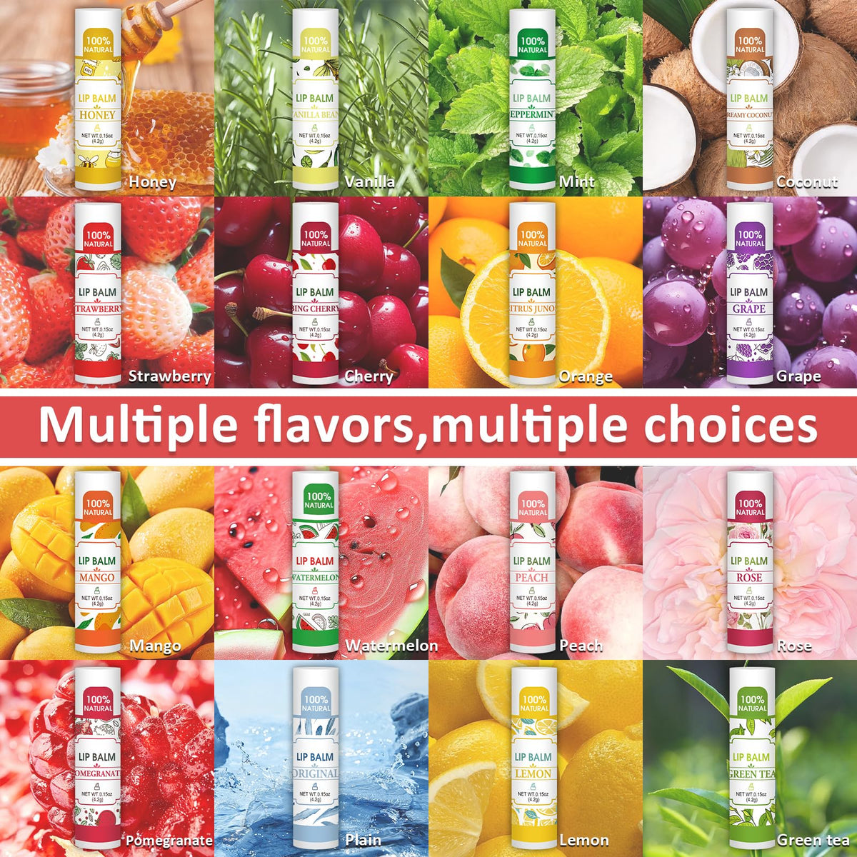 Close-up of VISRIE lip balm flavours including Honey and Mint
