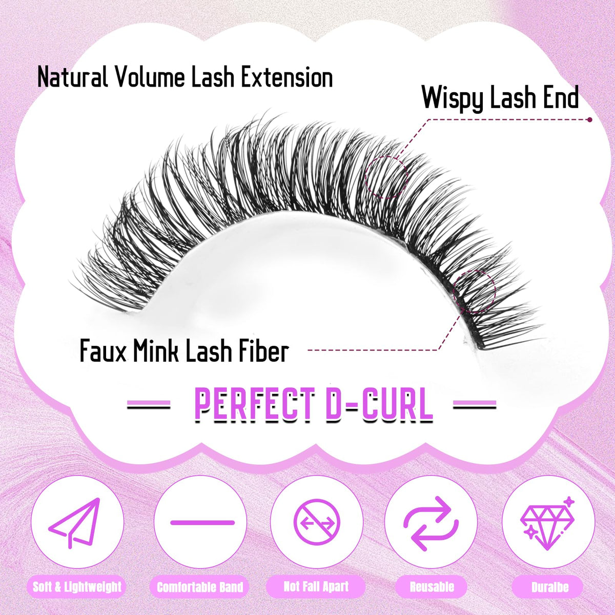 Close-up of WENDY LASHES Lash Clusters C3 D-Curl design