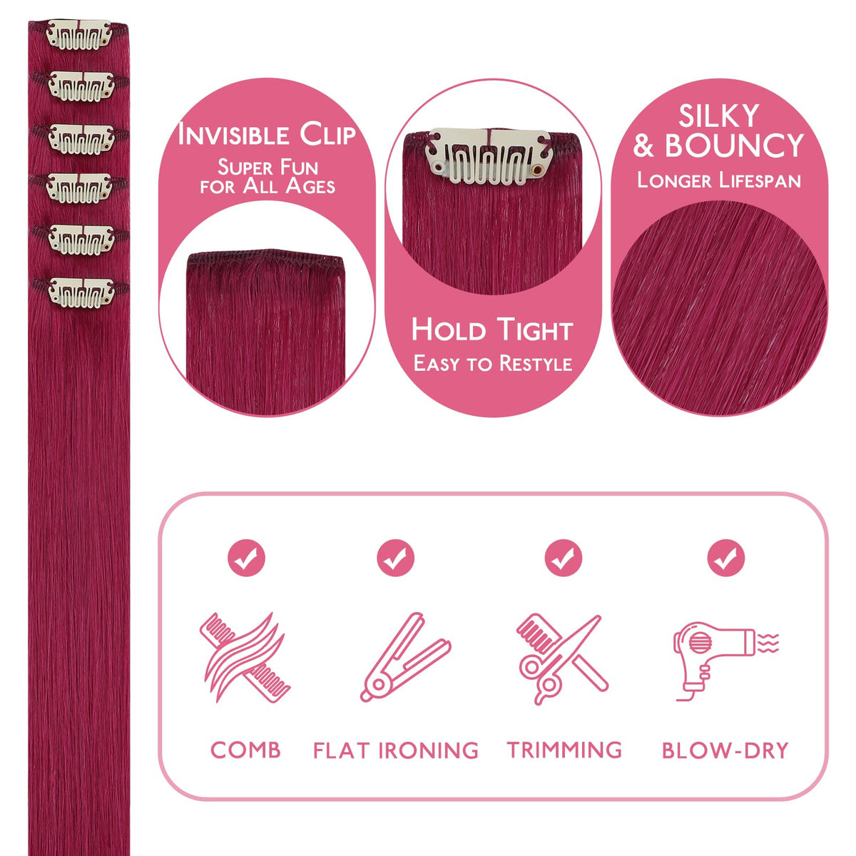 Close-up of Wennalife Burgundy Red Clip-in Hair Extensions texture