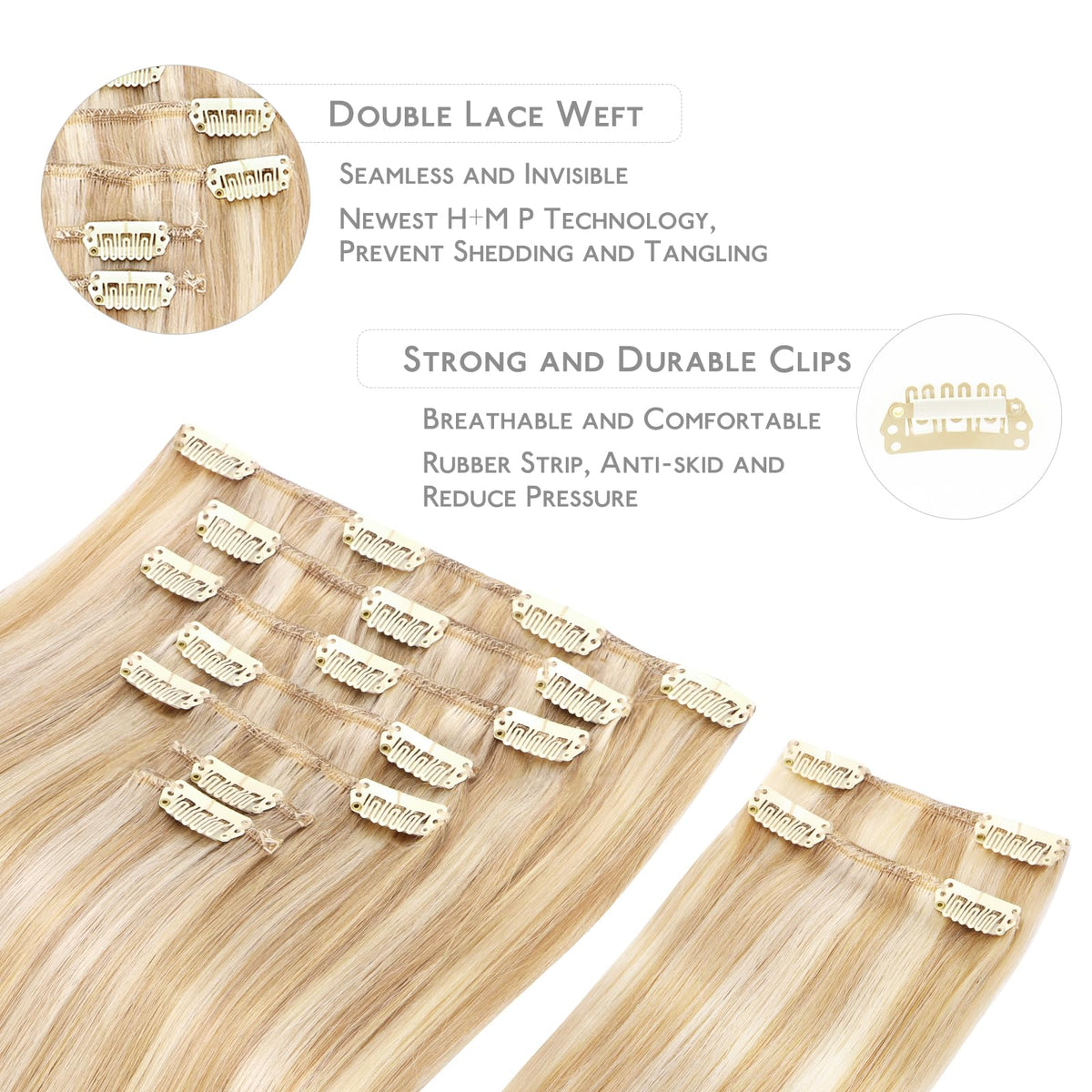 Close-up of Wennalife Clip In Hair Extensions clips and wefts
