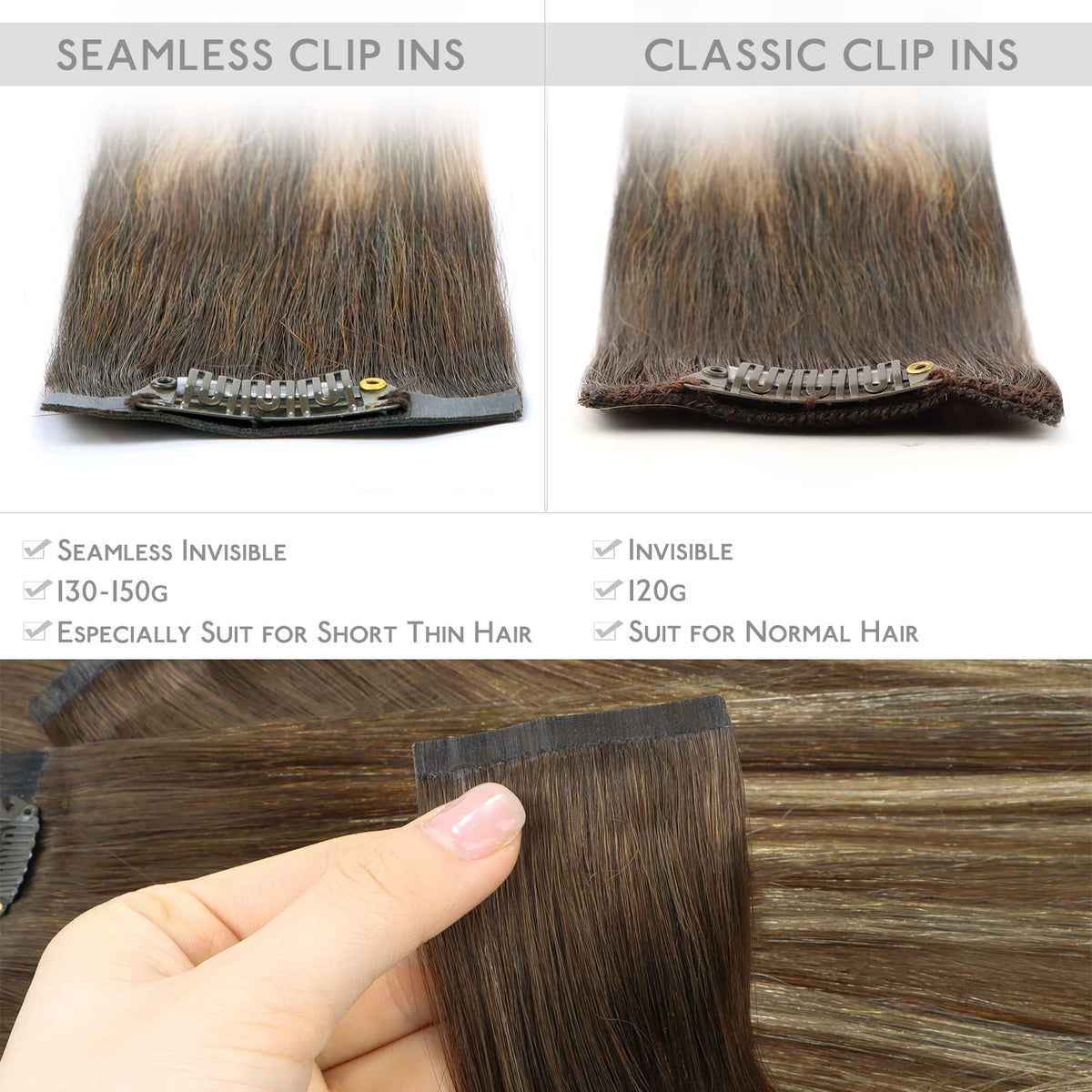 Close-up of Wennalife Clip In Hair Extensions PU skin weft