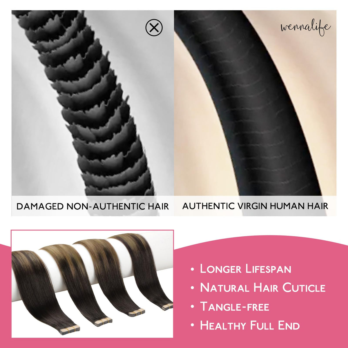 Close-up of Wennalife Tape in Hair Extensions showing color blend