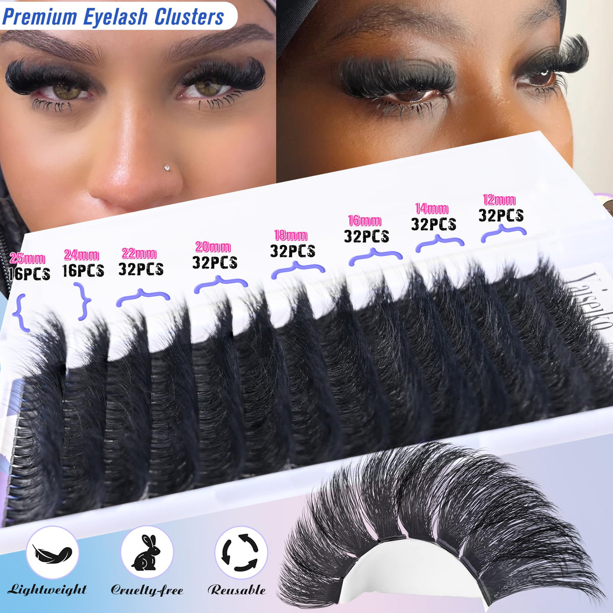 Close-up of Yaiseiko Lash Clusters showing 12-25mm lengths