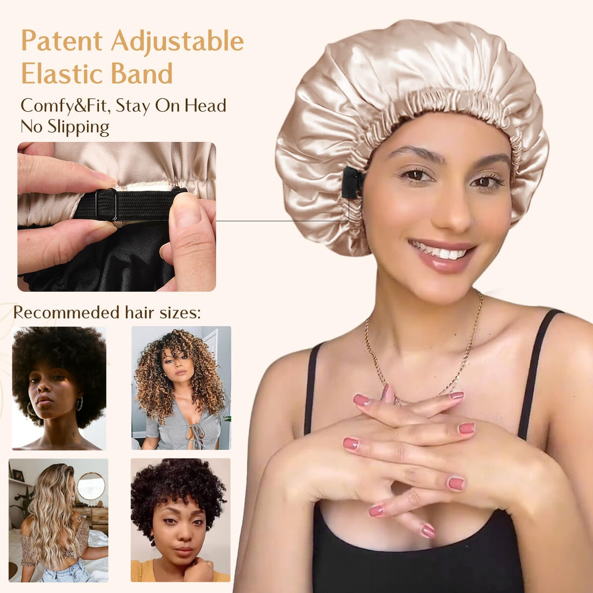 Close-up of YANIBEST Adjustable Satin Bonnet's adjustable elastic band