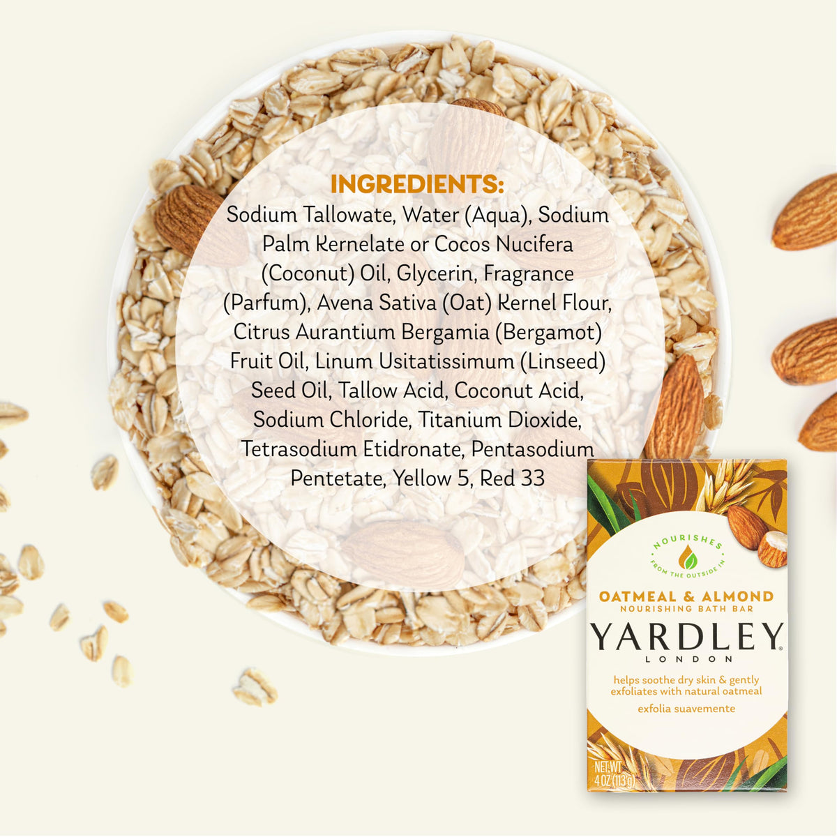 Close-up of Yardley Oatmeal and Almond Bath Bar showing oatmeal grains