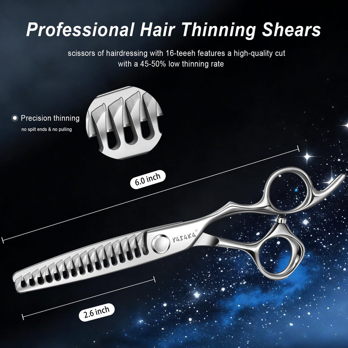 Close-up of YASAKA thinning scissors blades showing precision sharpening