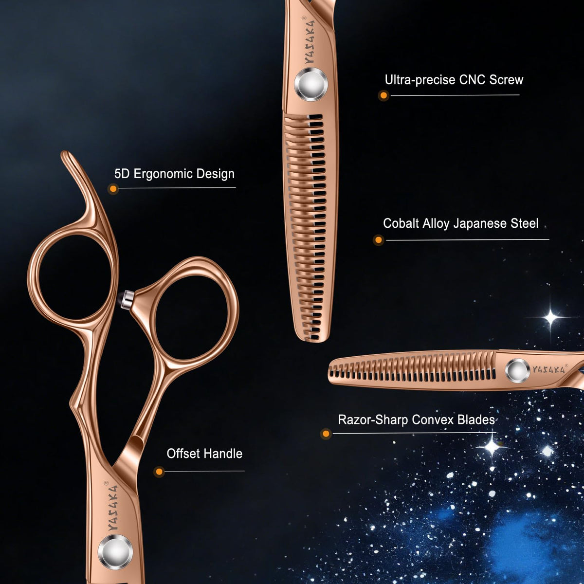 Close-up of YASAKA thinning shears blades with 30 teeth