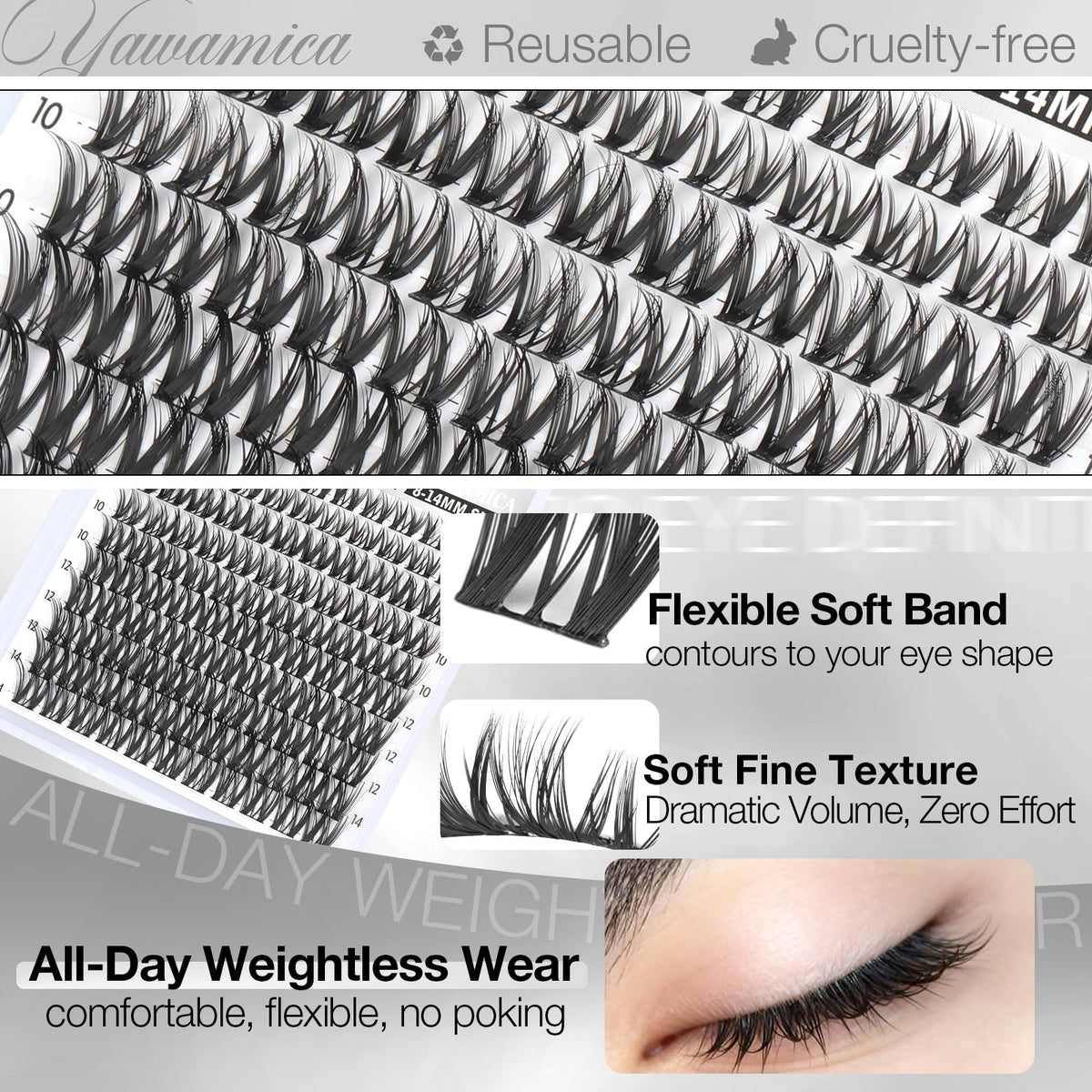 Close-up of Yawamica lash clusters showing soft band