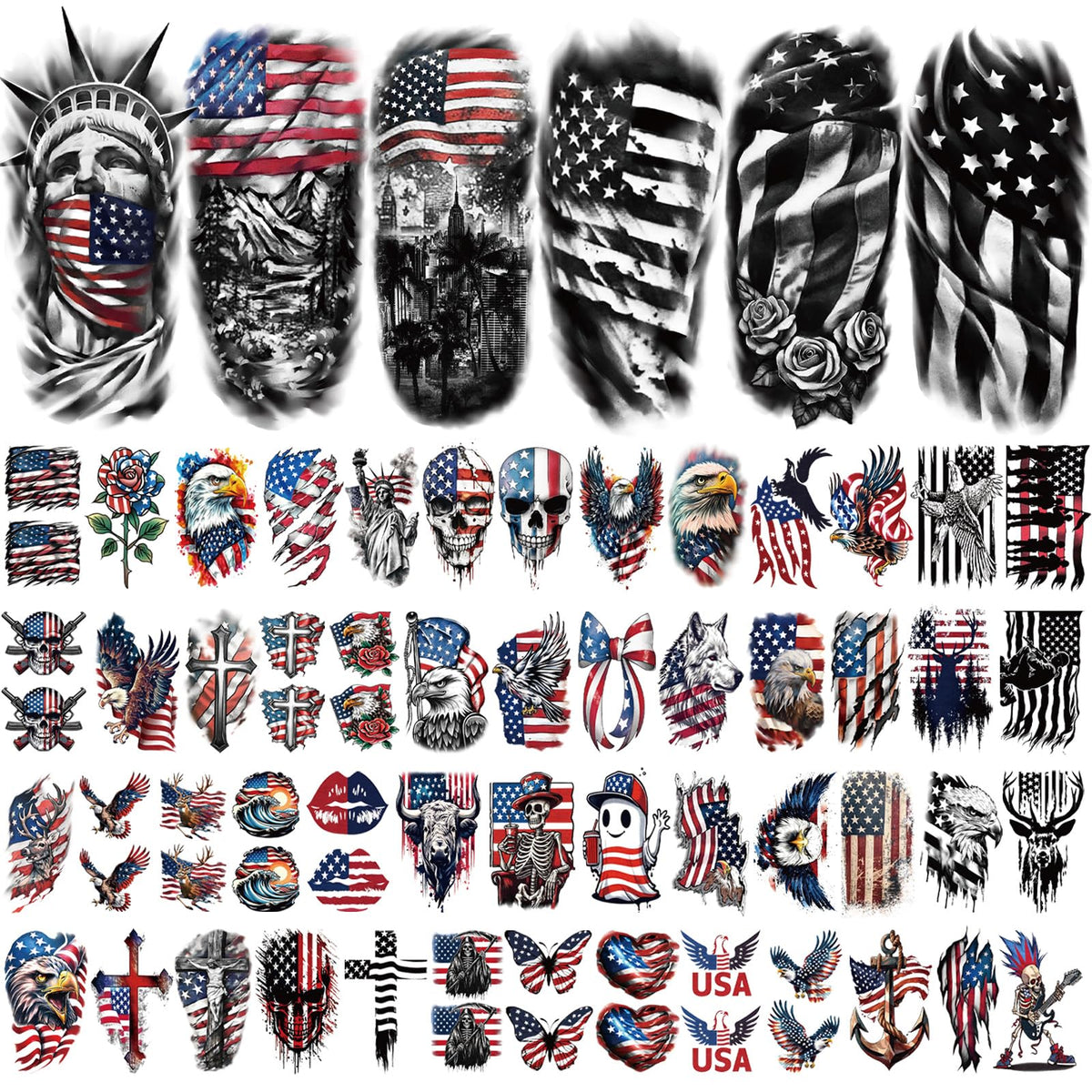 Close-up of Yazhiji temporary tattoos featuring American flag and eagle