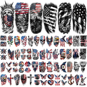 Close-up of Yazhiji temporary tattoos featuring American flag and eagle