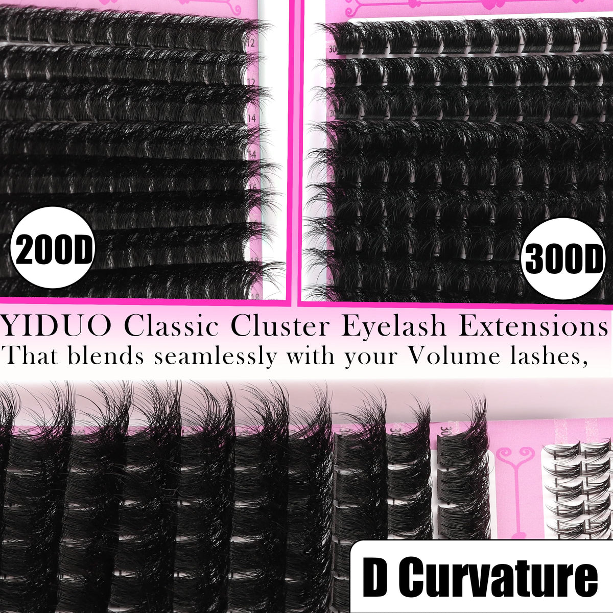 Close-up of YIDUO 200D and 300D volume lash clusters
