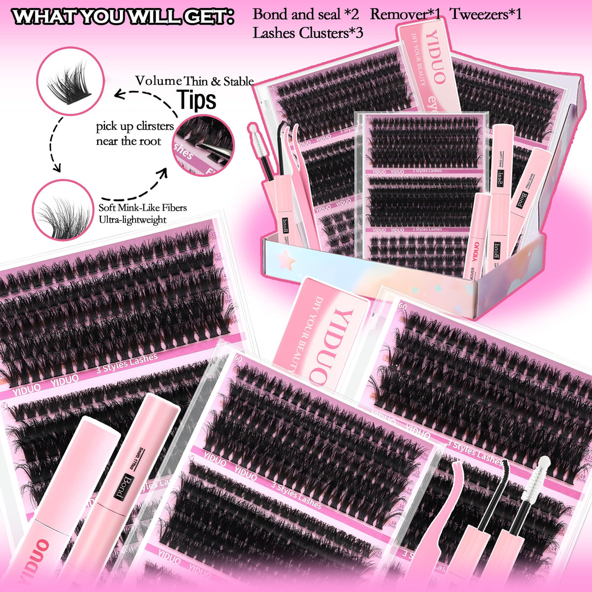 Close-up of YIDUO cluster lashes in different styles