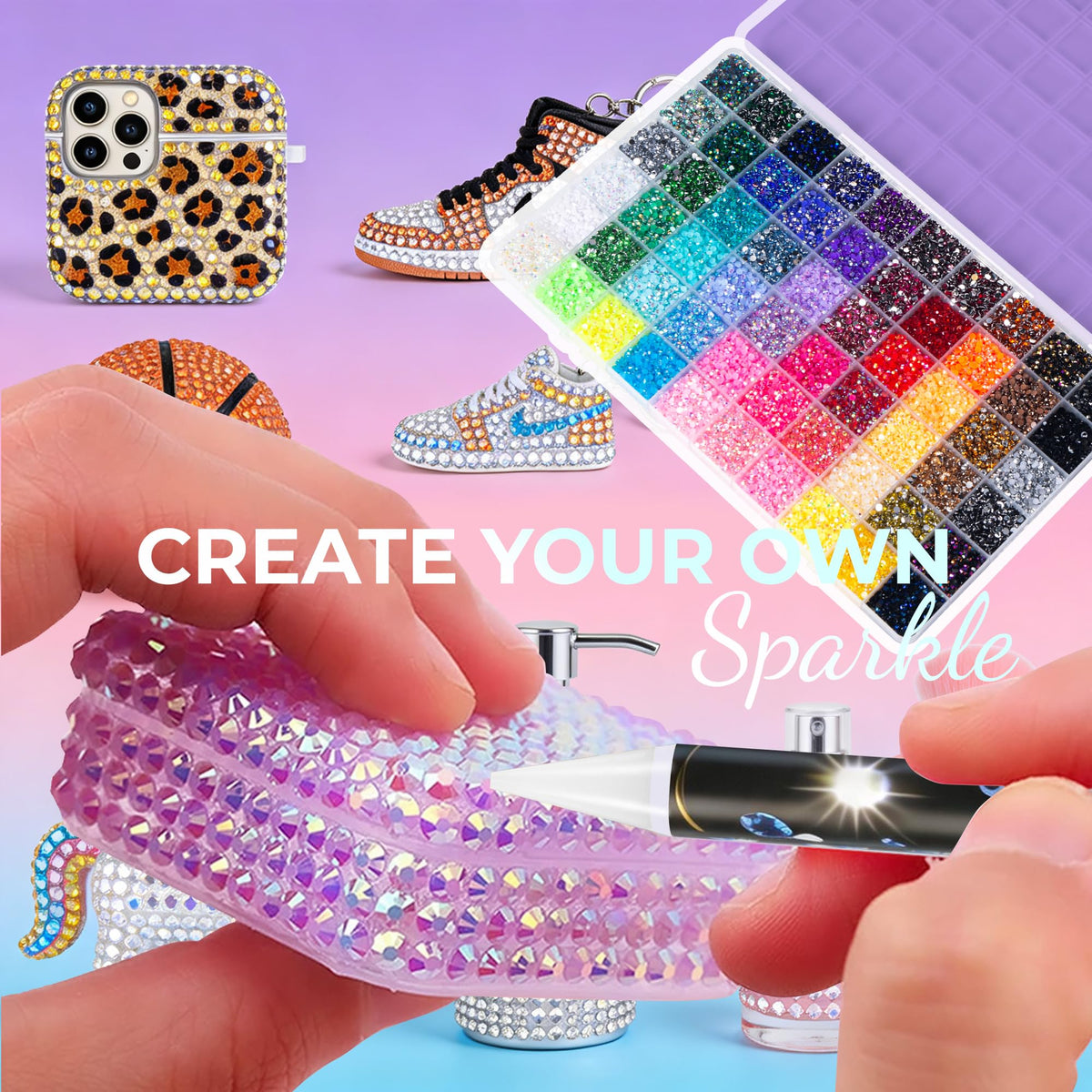 Close-up of YKHSIY rhinestones in various vibrant colours