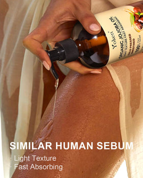 Close-up of Yoken Organic Jojoba Oil bottle with label