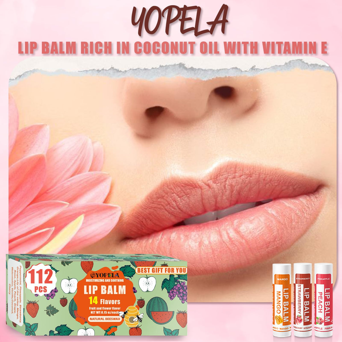 Close-up of Yopela lip balm with coconut oil and vitamin E