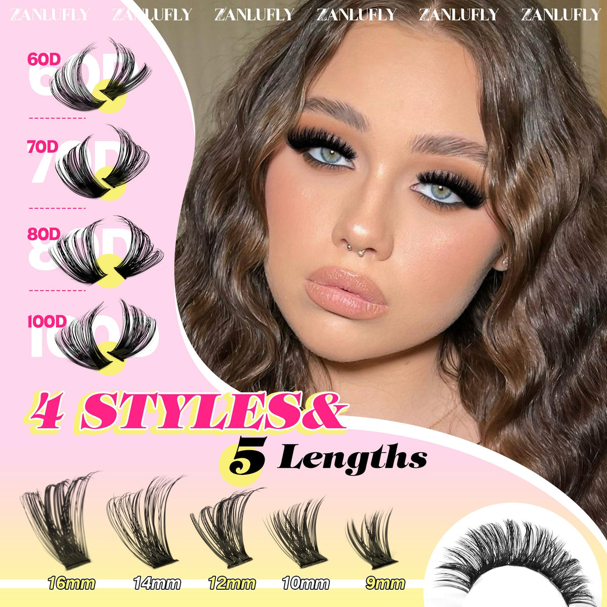 Close-up of zanlufly D-Curly individual lashes in different thicknesses