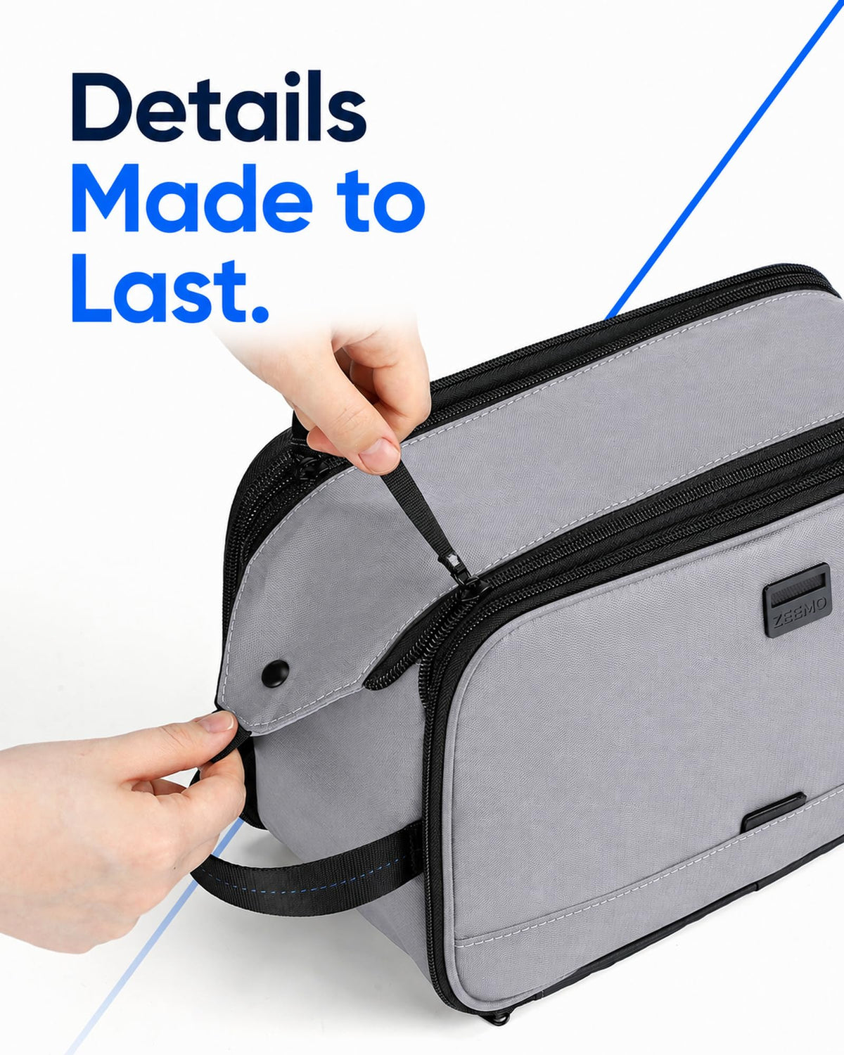 Close-up of ZEEMO Travel Toiletry Bag zippers and magnetic closure
