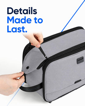 Close-up of ZEEMO Travel Toiletry Bag zippers and magnetic closure