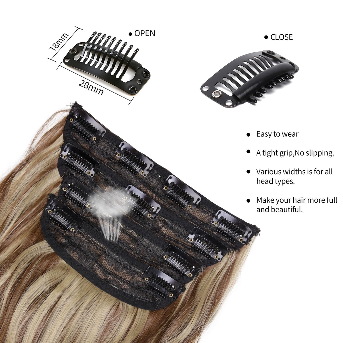 Close-up of ZQIAN BEAUTY clip-in hair extension clips