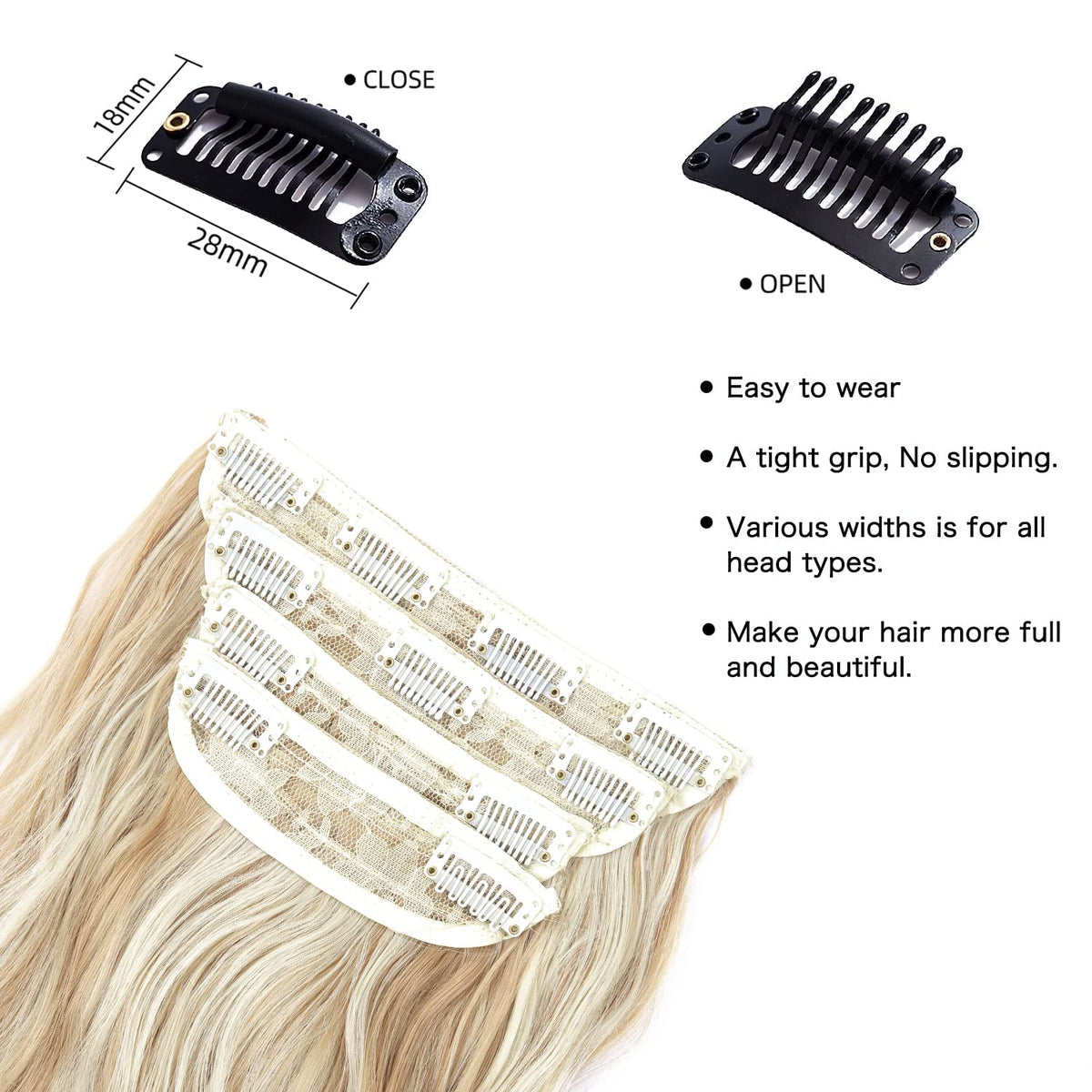 Close-up of ZQIAN BEAUTY clip-in hair extensions clips