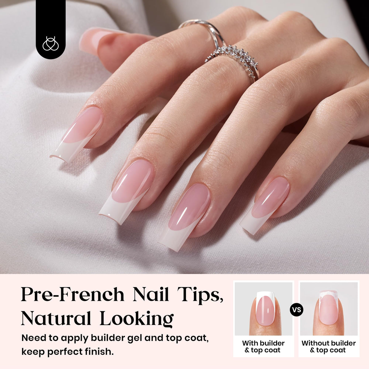 Close-up view of Beetles long square press on nails in pink