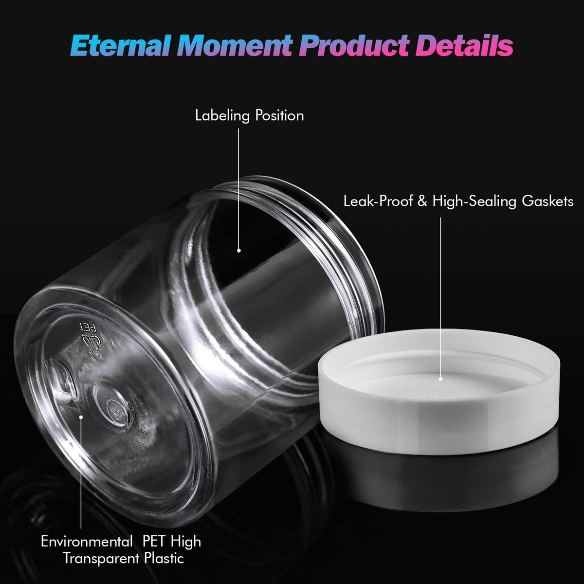 Close-up view of Eternal Moment plastic jar with lid