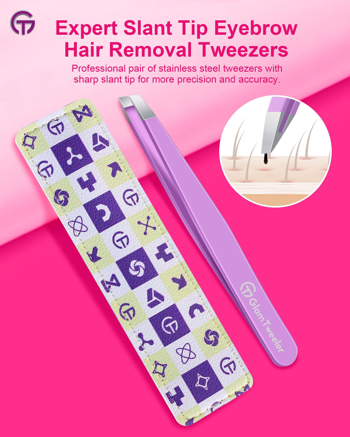 Close-up view of GlamTweeler slant tip tweezers